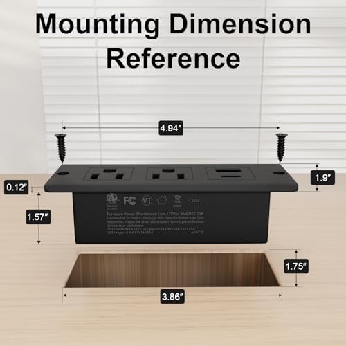 Recessed Drawer Power Strip Kit: Clutter-Free Charging Solution with PD 20 W Fast Charge, Dual USB Ports (Type A & C), and Dual 12 Amp AC Outlets – 7.2 FT Cord for Flexible Setup and Enhanced Workspace Efficiency