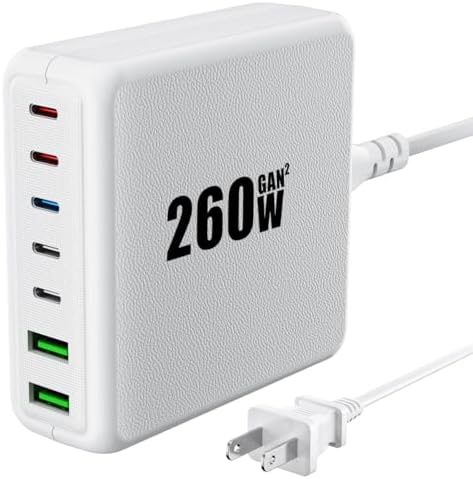 260 W 7-Port USB-C Charging Hub – High-Efficiency Dual 65 W Charger for Mac Book Pro/Air & i Phone 14/13 Series – Smart Power Distribution & Compact Design for Home, Office, and Travel Use – Versatile Fast Charging Station with GAN Technology for All Your Devices