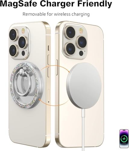 Allengel Bling Silver Magnetic Phone Grip – Stylish Mag Safe-Compatible Ring Holder & Kickstand for i Phone and Smartphones – 360-Degree Rotation, Secure Grip, and Elegant Design for Effortless Hands-Free Experience