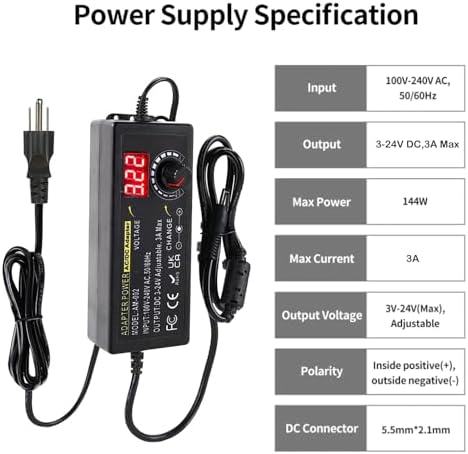 Versatile Universal Power Supply Adapter: 3 V to 24 V AC/DC Converter with 3 A Output, 72 W Power Capacity, and 14 Interchangeable Tips – Ideal for LED Strip Lighting, Printers, and Audio Equipment – Optimized for Maximum Device Compatibility and Efficiency