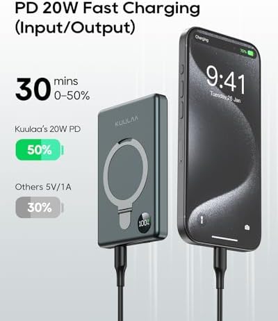 Kuulaa 10000 m Ah Magnetic Power Bank with LED Display – PD 20 W Fast Charging, Ultra-Slim Portable Charger for i Phone 16/15/14/13/12 – Mag Safe Wireless Battery Pack with Built-in Stand for Enhanced Mobility and Convenience