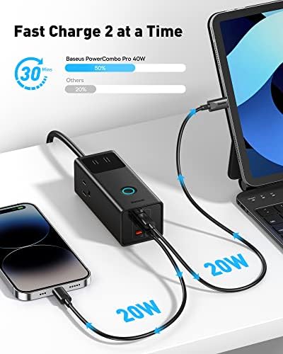 Baseus 1200 J Surge Protector Power Strip – PD 40 W USB-C Fast Charging Station with 3 AC Outlets & 3 USB Ports for Ultimate Device Compatibility in Home, Office, or Dorm Room – Safe, Efficient, and Compact Charging Solution