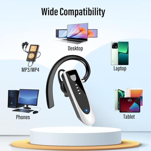 Atheewon Bluetooth Earpiece: Premium Wireless Headset with Advanced Noise-Cancellation | 20-Hour Talk Time & 180-Hour Standby for Ultimate Convenience | Perfectly Ergonomic Design in Modern Silver and White | Bluetooth 5.4 Technology for Reliable Connectivity | Ideal for Business Professionals, Truckers, and Drivers Seeking Crystal-Clear Communication