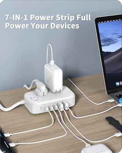 Ultimate 7-in-1 Power Strip with 65 W Ga N Technology | Flat Plug Design for Space-Saving | 3 USB-C & 2 USB-A Ports for Rapid Charging | 2500 W AC Outlet for Home, Office, College & Travel | Versatile Surge Protector for All Devices