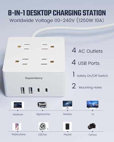 SUPERDANNY Portable USB Power Strip Surge Protector – Premium Desktop Extension Cord with 4 Spacious Outlets & 4 Advanced Smart USB Charging Ports for Home, Office, Hotel, Dorm, and RV Use – Elegant Faux Walnut Finish for Enhanced Aesthetics and Device Safety