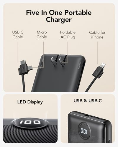 VRURC 10,000 m Ah USB C Power Bank with Built-in Cables & AC Wall Plug – Compact Lightweight Travel Charger for Smartphones & Tablets – Ultimate Convenience & Enhanced Charging Speed