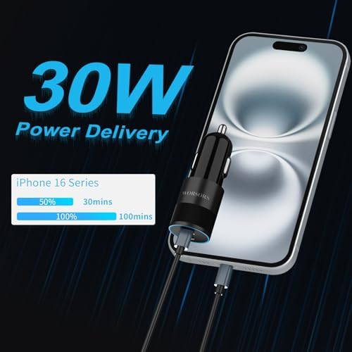 Ultra-Fast 60 W USB-C Car Charger 6 Pack – Dual 30 W PD 3.0 PPS Ports for i Phone 16/15/14/13, Samsung Galaxy S25/S24/S23, Google Pixel 9 – Compact 12 V Cigarette Lighter Adapter for Maximum Device Compatibility – Rapid Multi-Device Charging Solution for Road Trips and Daily Commutes – Durable Design for Long-lasting Use