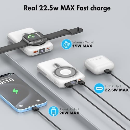 3-in-1 Magnetic Wireless Portable Charger – 10000 m Ah Power Bank with Fast 22.5 W Charging for i Phone 15/14/13/12, Apple Watch, and Air Pods – LED Display, Sleek & Lightweight Design for Ultimate On-the-Go Convenience and Enhanced Compatibility