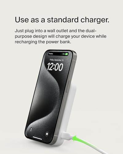 Belkin 5000 m Ah Wireless Power Bank with Qi2 Technology – Mag Safe-Compatible Portable Charger Featuring Built-in Kickstand for i Phone 16, 15, 14, 13, Plus, Pro, Pro Max – Sleek White Design for Seamless Charging on the Go – Optimal Speed & Versatile Compatibility