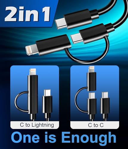 Elevate Your Charging Game: 2 Pack 6.6 FT 2-in-1 USB C to Lightning & USB C Charger Cable for Fast, Versatile Power Delivery – Perfectly Compatible with i Phone 15, 14, 13, 12, 11 Pro Max Mini, i Pad, i Pod, Samsung & Google Devices – Durable, Long-Lasting Design in Sleek Black Finish