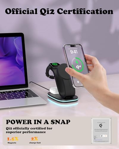 Ultimate 3-in-1 Qi2 Wireless Charging Station with 30 W USB-C Fast Adapter – Sleek Mag-Safe Charger Stand for i Phone 16, 15, 14 Pro Max, Apple Watch Series 10, 9 & Air Pods 4, 3 Pro – Enhanced Efficiency & Safety Features for Multi-Device Charging Convenience Experience unparalleled charging efficiency with our state-of-the-art 3-in-1 Wireless Charging Station, specifically crafted for Qi2-compatible devices. This advanced Mag-Safe charger stand delivers an impressive 15 W fast charge for your i Phone, 2.5 W for your Apple Watch, and 3 W for your Air Pods, ensuring a swift power-up for all your essentials. Engineered with a 30 W USB-C adapter, our charging station guarantees safety and stability, featuring intelligent current balancing and multi-level protection mechanisms against overheating and overcharging. The sleek design includes an adjustable LED nightlight, providing a soothing ambiance while conserving space on your nightstand or desk. With precise magnetic alignment for effortless device placement, enjoy a hassle-free charging experience while keeping your devices secure. Perfect for modern lifestyles, this charging solution combines functionality and aesthetics seamlessly. Elevate your charging routine with this indispensable accessory!