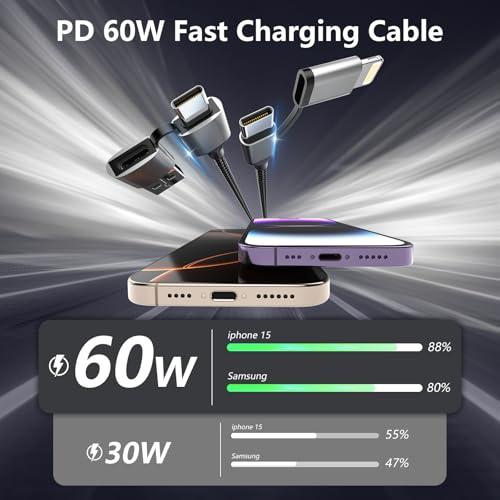 16 FT 4-in-1 USB C Charging Cable – Fast 60 W Lightning, Type C & USB A Compatibility for i Phone 15/14/13/12, Mac Book, i Pad & Samsung – Ultimate Versatile Charging & Data Transfer Solution for On-the-Go Power Users