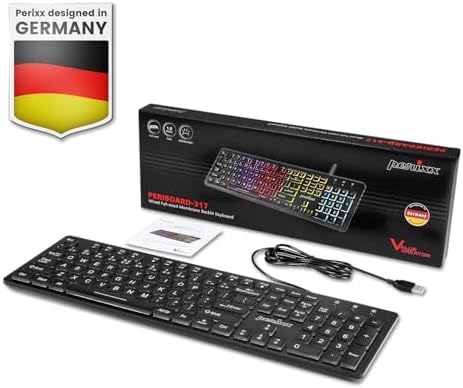 Transform Your Workspace with the Perixx PERIBOARD-317 RGB Wired Backlit USB Keyboard – Enhanced Visibility with Big Print Keys and Dynamic RGB Illumination for Ultimate Typing Comfort – Ideal for Gamers and Professionals Alike – US English Layout for Seamless Navigation and Cross-Platform Compatibility – Elevate Your Productivity and Style Today!