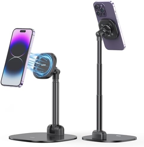 VRIG Magnetic Desk Phone Stand for Office/Home, 360°Rotation Wireless Charger Phone Holder with Magnetic Ring Height&Tilt, Adjustable Cell Phone Stand for iPhone 16 15 14 13 12 and More/Android – Enhanced Compatibility and Speed