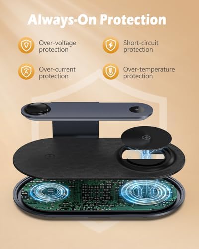 4-in-1 Wireless Charging Station with Adjustable LED Night Light – Fast Charging Dock for i Phone 12-16, Apple Watch Series 1-8/Ultra & Air Pods – Enhanced Safety Features, Seamless Magnetic Alignment, and Premium Metal Design for Home or Office Use