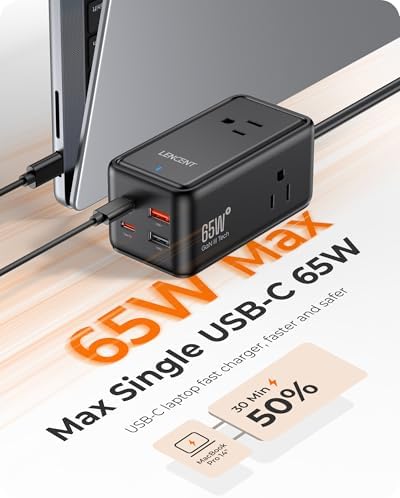LENCENT 65 W Ga N USB-C Power Hub: 7-in-1 Multi-Device Charging Station with 4 USB Ports, 5 ft Extension Cord & 3 AC Outlets – Fast Charging Solution for Laptops, Tablets, and Gaming Consoles – Sleek & Portable Design for Home, Office, and Travel