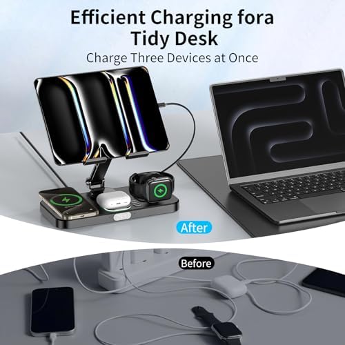 30 W Foldable Multi-Device Charging Station with Clock & Night Light – Ultimate Apple Accessory for i Phone 16 Pro Max, i Pad, and Apple Watch – High-Speed Charging Dock, Portable Design, and Enhanced Functionality for Home or Travel