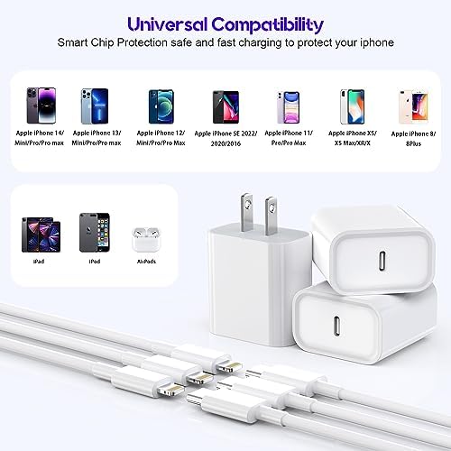 10-Foot Ultra-Fast i Phone Charging Cable 3-Pack with USB-C PD Wall Charger – Exceptional Compatibility for i Phone 14/13/12/11 Pro Max/XS Series – Durable Lightning Cable Solution for On-the-Go Charging Convenience and Rapid Power Delivery