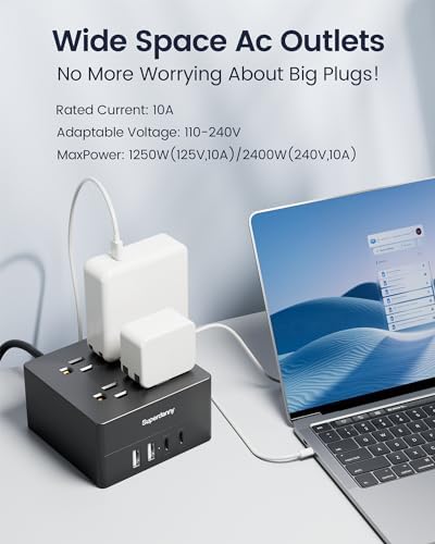 SUPERDANNY Portable USB Power Strip Surge Protector – Premium Desktop Extension Cord with 4 Spacious Outlets & 4 Advanced Smart USB Charging Ports for Home, Office, Hotel, Dorm, and RV Use – Elegant Faux Walnut Finish for Enhanced Aesthetics and Device Safety