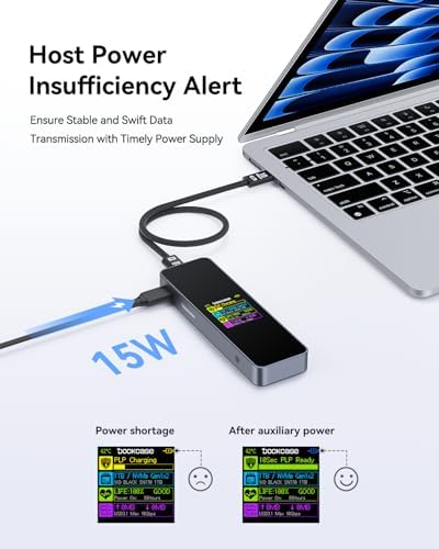DOCKCASE Visual Smart M.2 NVMe SSD Enclosure – Unmatched 10 Gbps USB 3.2 Type-C Performance with Power Loss Protection, Supports PCIe Sizes 2230/2242/2260/2280, Ideal for M-Key and B+M Key SSDs, UASP Enabled for Superior Data Transfer Efficiency, Perfect for Professionals on the Go