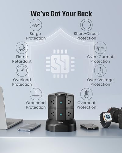 Revolutionize Your Charging Setup with SUPERDANNY Power Strip Tower – 15 W Wireless Charger, 6.5 Ft Retractable Cord, 1050 J Surge Protection, 8 Outlets & 4 USB Ports (2 USB-C) for Ultimate Home and Office Versatility