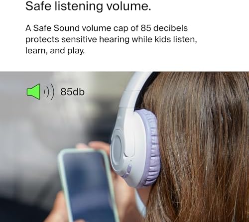 Belkin Sound Form Inspire Kids Wireless Over-Ear Headphones – Safe Listening with 85 d B Volume Limit, 35-Hour Battery Life, and Built-In Microphone – Ideal for Online Learning, Travel, and Fun – Trendy Lavender Compatible with i Phone, i Pad, Galaxy & More