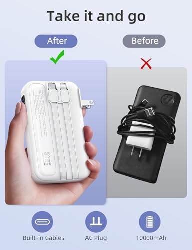 10000 m Ah RORRY Portable Charger with Built-in Cables & AC Wall Plug – Ultra-Fast 22.5 W Power Bank for i Phone 16/15/14, Samsung Galaxy S24/S23/S22, Google Pixel, LG, i Pad – Exceptional Travel Companion with Multi-Device Charging Capability and Enhanced Compatibility