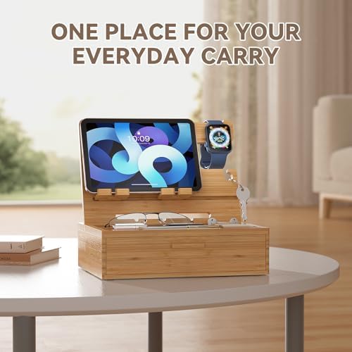 Pezin & Hulin Wooden Charging Station, Bedside Nightstand Tray, with Spacious Drawer, Felt Pads for Phones, Watch, Idea Gifts for Him Birthday, Son, Christmas for Papa Fathers Day – Enhanced Compatibility and Speed