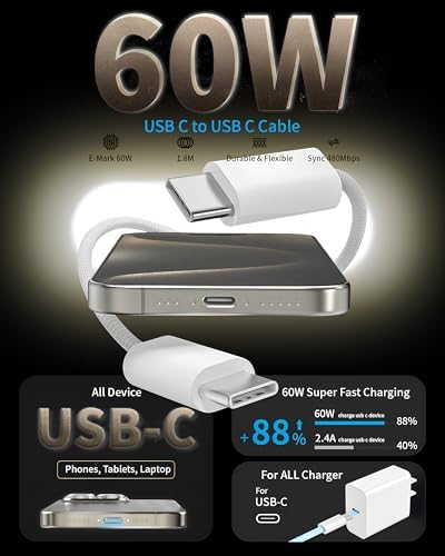 esbeecables USB C Cable, 3-Pack 6FT USBC to USBC Cable for iPhone 16 15 Pro Max Car Charger, 60W (3A) Type C Cable Fast Charging for Samsung Galaxy S24/23,AirPods 4,iPad,MacBook Air/Pro USBC Charger – Enhanced Compatibility and Speed