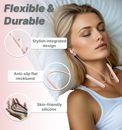 Experience Ultimate Comfort with Hmusic HS88 Wireless Bluetooth Neckband Headphones – Premium Noise-Cancelling Earbuds for Sleep, Yoga, and Travel – Soft Silicone Earplugs with -30 d B Sound Isolation, 12-Hour Playtime & Timer for Side Sleepers in Elegant Pink