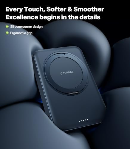 TORRAS 5,000 m Ah Magnetic Power Bank – Ultra-Slim Fast Wireless Charger with Built-in Stand for i Phone 16 Series – Convenient Portable Battery Pack for On-the-Go Charging – Enhanced Compatibility & Speed in Sleek Black Design
