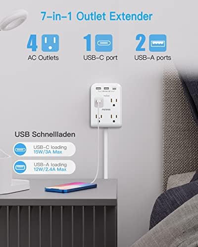 Maximize Power Efficiency with 6 ft Flat Electrical Outlet Extender – 4 Outlets & 3 USB-C Ports, Space-Saving Surge Protector for Home & Office, Rapid Device Charging Power Hub, Sleek White Design