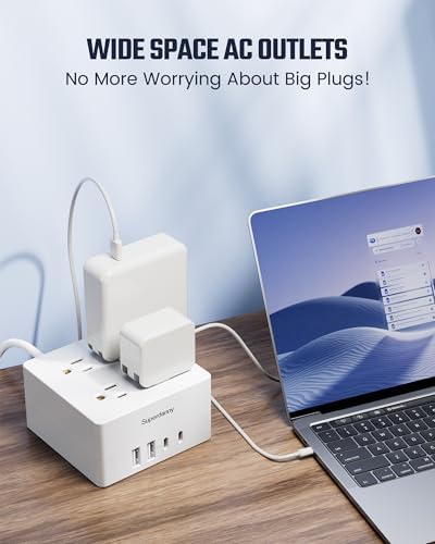 SUPERDANNY Portable USB Power Strip Surge Protector – Premium Desktop Extension Cord with 4 Spacious Outlets & 4 Advanced Smart USB Charging Ports for Home, Office, Hotel, Dorm, and RV Use – Elegant Faux Walnut Finish for Enhanced Aesthetics and Device Safety