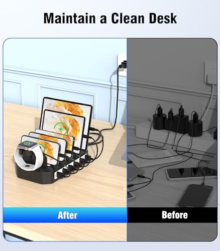 Ultimate 2025 6 Port Fast Charging Station – Multi-Device USB Dock with Safety Certification, 6 Cables & 2 Stands for Smartphones, Tablets, Kindles, Smartwatches – Streamlined Power Hub for Home, Office, and Travel