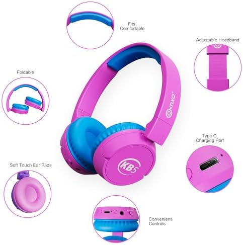 Contixo KB-5 Safe Listening Bluetooth Headphones for Kids – Foldable Over-Ear Design with 85 d B Volume Limiting – Stylish Pink & Blue Headphones for Comfortable Listening – Effortless Wireless Pairing with All Devices for Young Music Enthusiasts