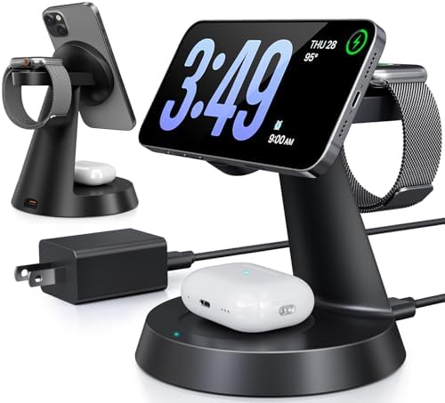 Sleek Pink 3-in-1 Wireless Charging Station for Apple Devices – 15 W Mag Safe Fast Charger Stand for i Phone 16/15/14/13/12, Air Pods & i Watch – Magnetic Alignment for Effortless Power-Up & Clutter-Free Workspace
