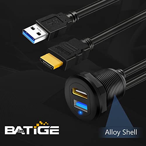 BATIGE Type C USB 3.0 Flush Mount Extension Cable – 3 ft Alloy Shell Car, Truck & Motorcycle Dashboard USB Port with LED Indicator for Enhanced Durability and Seamless Connectivity