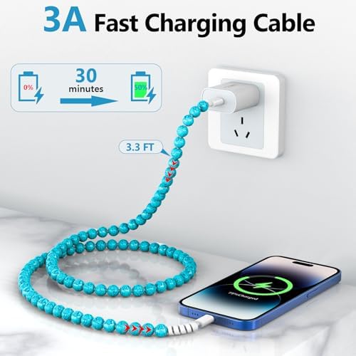 Elevate Your Charging Game with Hian Dier MFi Certified USB C to i Phone Charger – 3.3 FT Fast Charging Cable in Elegant Blue Morandi Pearl Beaded Design for i Phone 14, 13, 12, 11 Pro Max, X, XS, XR – Durable and Tangle-Free Accessory for Style and Performance