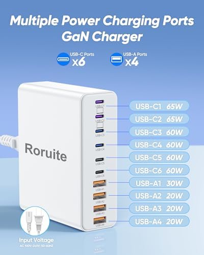 460 W Advanced USB C Charging Hub – 10-Port Fast Charging Station with Ga N III Technology for Mac Book Pro/Air, i Phone, i Pad, Dell, Samsung Galaxy – Dual 65 W Power Adapter for Ultimate Device Versatility – Sleek White Design for Home & Office Efficiency