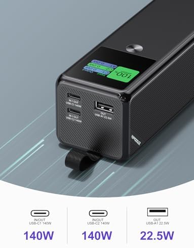 High-Power 140 W Portable Charger | 27600 m Ah 3-Port PD3.1 Power Bank for Universal Device Charging | Fast Charging for i Phone 12/13/14/15/16 Series, Mac Book, Samsung, Dell XPS, Steam Deck | LCD Display, Compact Design with Lanyard for Travel Safety | Ultimate Charging Solution for Camping, Hiking, and Vacations