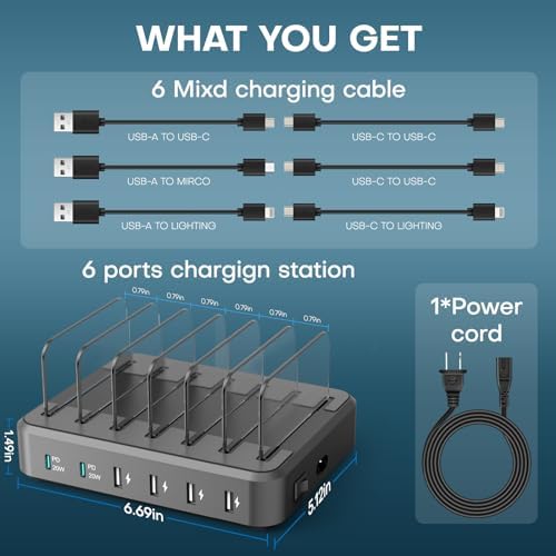 65 W 6-Port USB C Fast Charging Station – Ultimate Multi-Device Charger with 6 Mixed Cables for i Phone, i Pad, Android & More – Streamlined Power Hub for Home & Office with Safety Features and Space-Saving Design