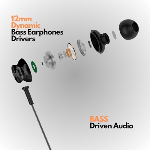Betron BS10 Wired Earphones – In-Ear Noise Isolating Headphones with Built-In Microphone & Volume Control, 12 mm Drivers for Deep Bass, Ergonomic Design for Ultimate Comfort, Enhanced Compatibility with All Devices