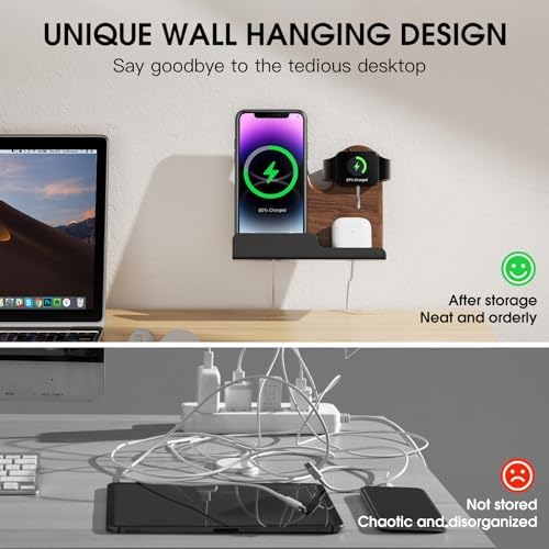 3 in 1 Wall Mount Compatible with magsafe Charger Stand，Wood Phone Holder for iPhone 15/15 Pro/14/13/12 Series, Compatible with Apple Watch, AirPods, Magsafe Accessories[MagSafe Charger Not Included] – Enhanced Compatibility and Speed