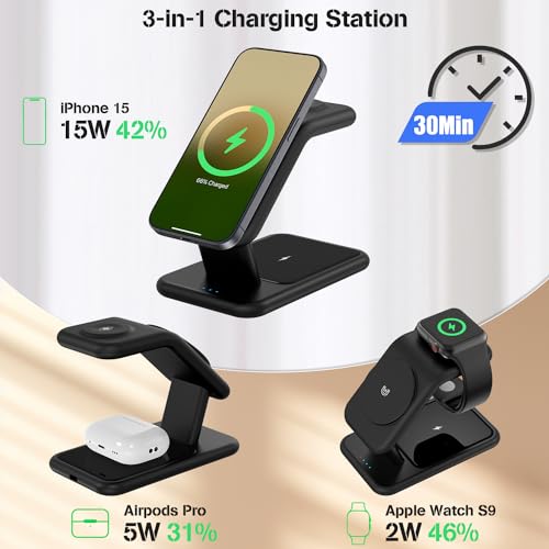 TUMABER 3-in-1 Wireless Charging Station for Apple Devices – Fast Charging Stand for i Phone 15/14/13/12/11, Apple Watch, and Air Pods – Clutter-Free Desk Solution with 25 W USB-C Charger Included – Sleek Office Accessory for Enhanced Device Management