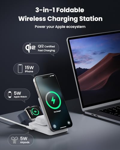 3-in-1 Qi2 Certified Wireless Charging Station – 15 W Fast Magnetic Charger for i Phone 16/15/14/13/12, Apple Watch, Air Pods – Foldable Design with 30 W USB-C Adapter for Ultimate Compatibility and Efficiency – Elevate Your Charging Experience with Enhanced Safety Features and Versatile Viewing Angles
