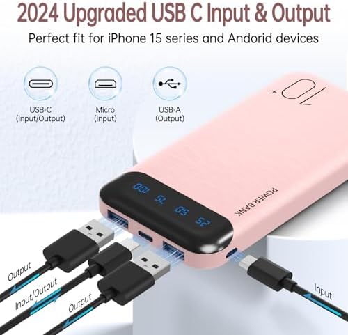 10000 m Ah Slim Portable Power Bank – Fast Charging External Battery Pack with Dual USB 2.4 A Outputs & USB-C Compatibility for i Phone 12-16, Huawei, Samsung Galaxy S20, & Android Tablets – Ideal for Travel and Daily Use