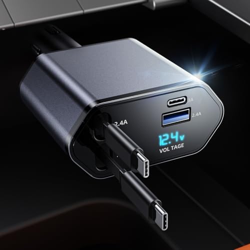Versatile Retractable Car Charger – 4 in 1 Fast Charging Solution with Dual Type C Cables and 2 USB Ports for i Phone 15/14/13/12/11 Pro Max, Galaxy, Google Pixel – Tangle-Free Convenience & Enhanced Speed for Modern Drivers
