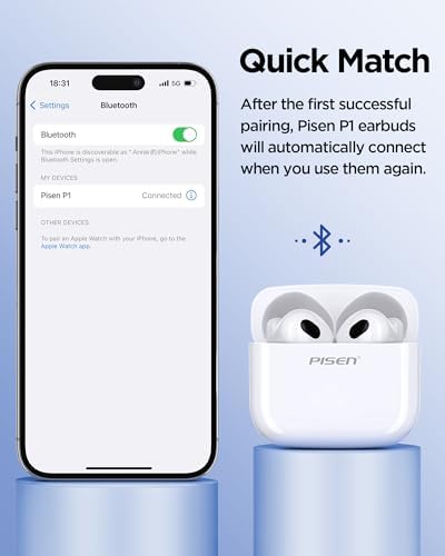 PISEN P1 Bluetooth 5.3 Wireless Earbuds – Featherweight Hi-Fi Stereo Headphones with IPX5 Waterproof Protection, Integrated Microphone for Seamless Hands-Free Communication, Ideal for Active Lifestyles and Daily Use – Sleek White Aesthetic for Superior Audio Performance