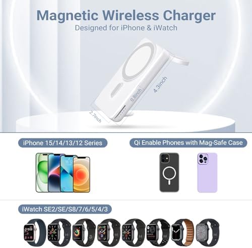 DDUAN 10000 m Ah Mag-Safe Wireless Power Bank – Dual Charging Solution for i Phone 15/14/13/12 & All Apple Watch Series with USB-C Cable – Sleek Portable Design for On-the-Go Convenience and Fast Charging Performance