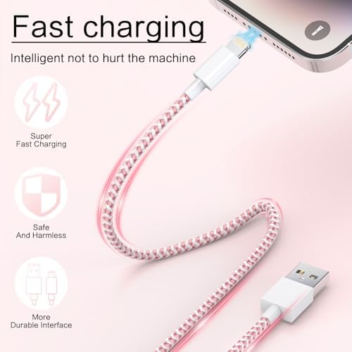 Apple MFi Certified 6 Pack Nylon Braided Lightning Cables – Fast Charging in Stylish Pastel Colors, Versatile Lengths (3 FT, 6 FT, 10 FT) for i Phone 14 Pro, 13 Mini, 12, 11 Pro Max, XR, XS, 8, 7, Plus, 6 S – Enhanced Durability & Quick Data Transfer